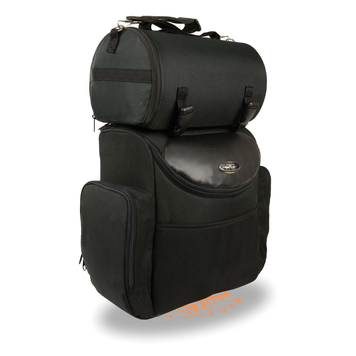 Large nylon two-piece sissy bar bag with map pocket for motorcycle, by HighwayLeather, measuring 14.5x16x7 inches.