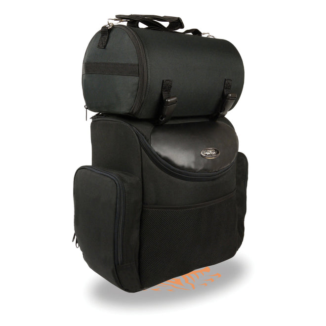 Large nylon two-piece sissy bar bag with map pocket for motorcycle, by HighwayLeather, measuring 14.5x16x7 inches.
