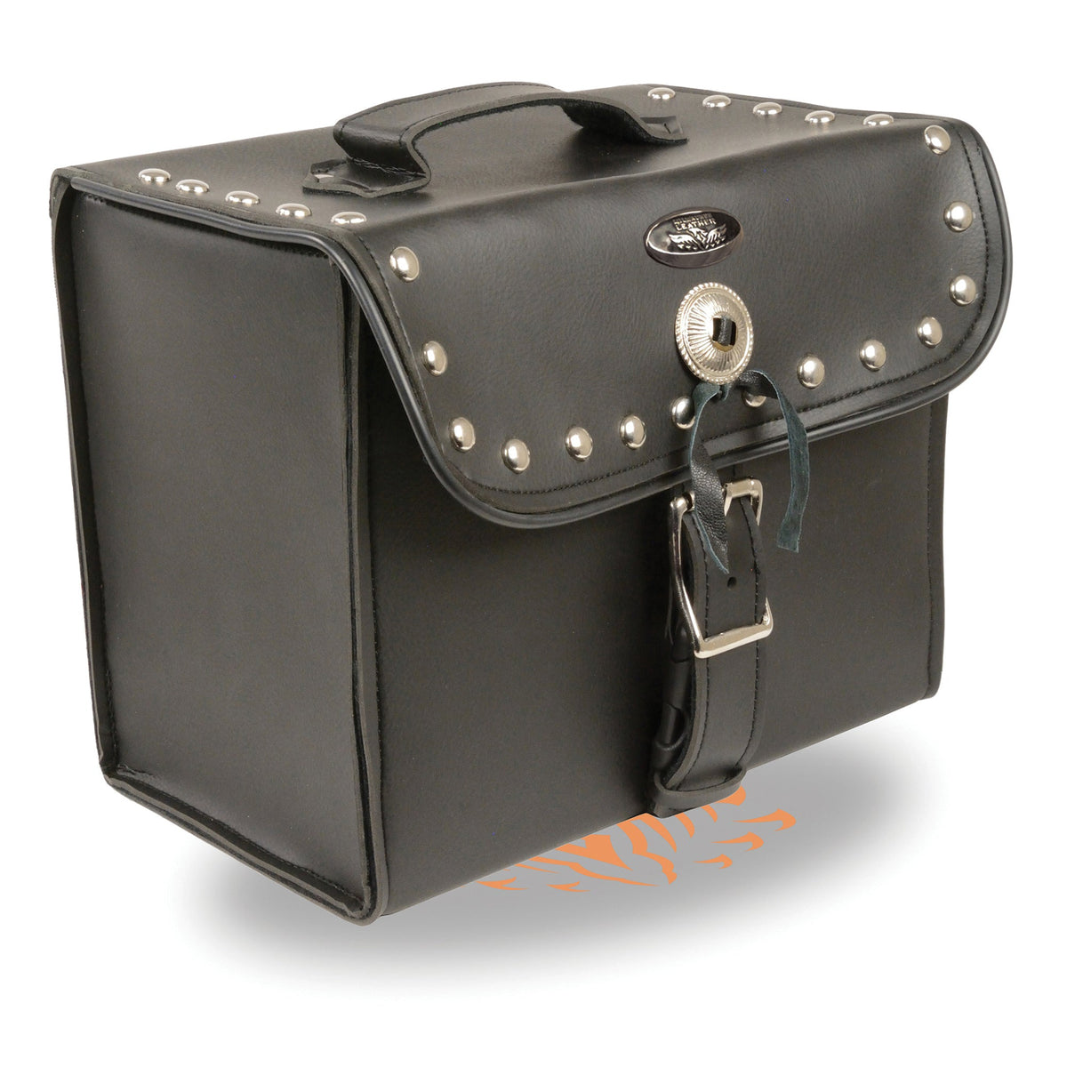Medium studded PVC biker bag with carry handle and adjustable strap, designed for motorcycle sissy bars, by HighwayLeather.