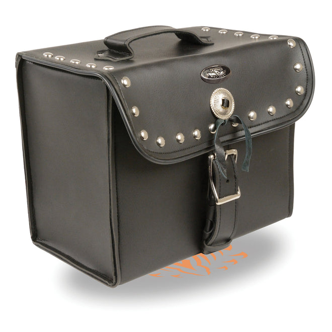 Medium studded PVC biker bag with carry handle and adjustable strap, designed for motorcycle sissy bars, by HighwayLeather.