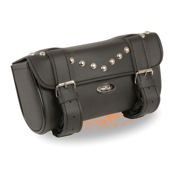 HighwayLeather double strap studded tool bag with quick release, CLIP/THIGH/FAN style, measuring 10x4.5x3.25 inches.