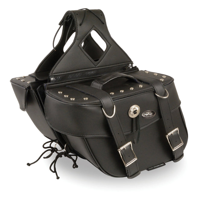 HighwayLeather zip-off PVC throw-over saddle bag with rivets and concho, designed for motorcycle use, shown on a motorcycle.