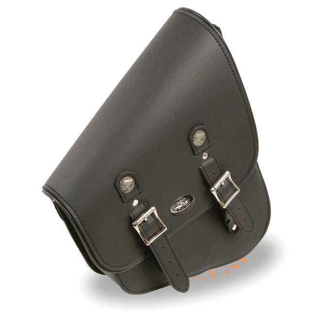 HighwayLeather textile motorcycle gloves with left side tall slanted PVC swing arm bag featuring buffalo snaps, 14.5x7x3x10 inches.