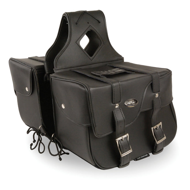 HighwayLeather zip-off PVC extended flap motorcycle saddle bag with textile motorcycle gloves in black, showcasing durable design and compartments.