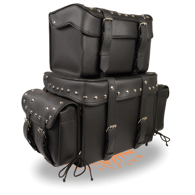 Large four-piece studded PVC biker touring pack with barrel bag, HighwayLeather motorcycle bags for long trips.
