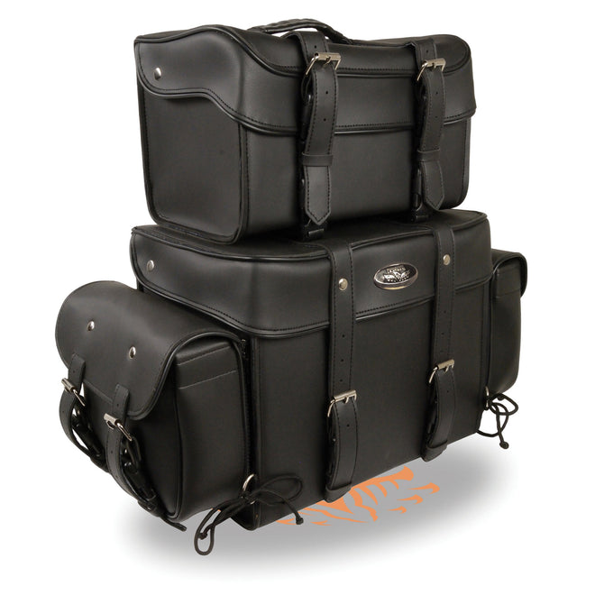Large four-piece PVC biker touring pack with barrel bag from HighwayLeather, featuring durable, weather-resistant motorcycle luggage.