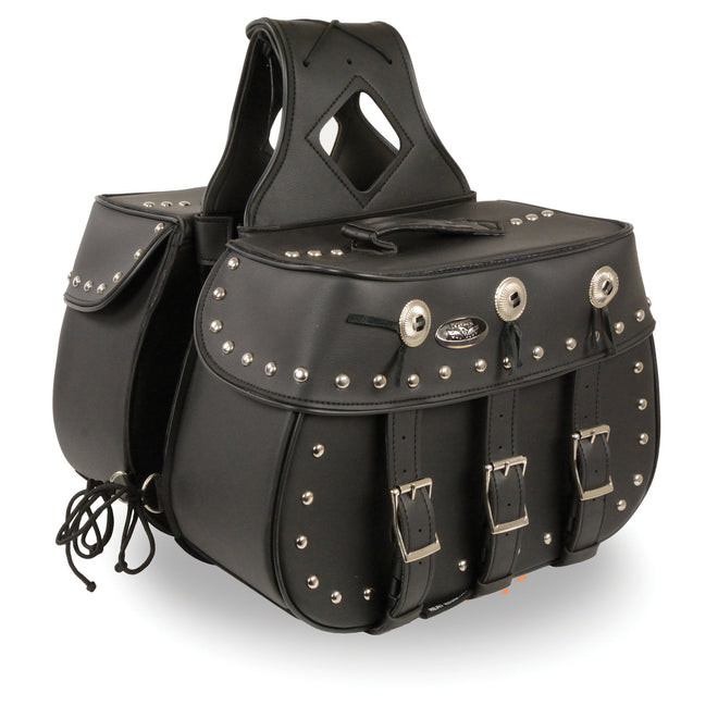 HighwayLeather motorcycle textile gloves with zip-off feature, triple buckle, studs, and conchos for a rugged, stylish look.