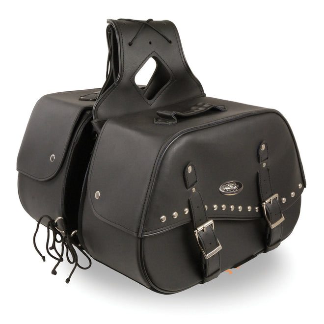 HighwayLeather zip-off two buckle extended lid studded PVC motorcycle saddle bag with multiple compartments and durable design.