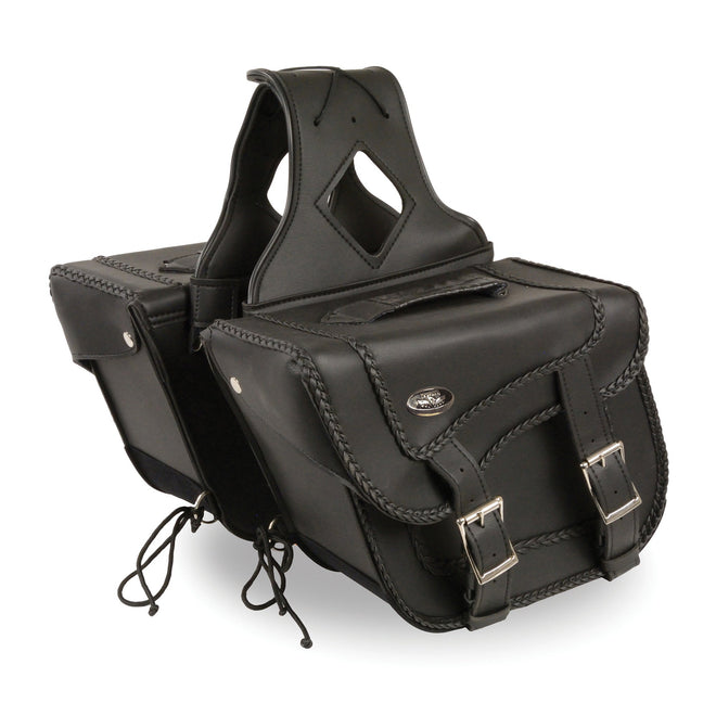 HighwayLeather medium braided zip-off PVC saddle bag with motorcycle gloves, textile style, showing storage compartments and straps.