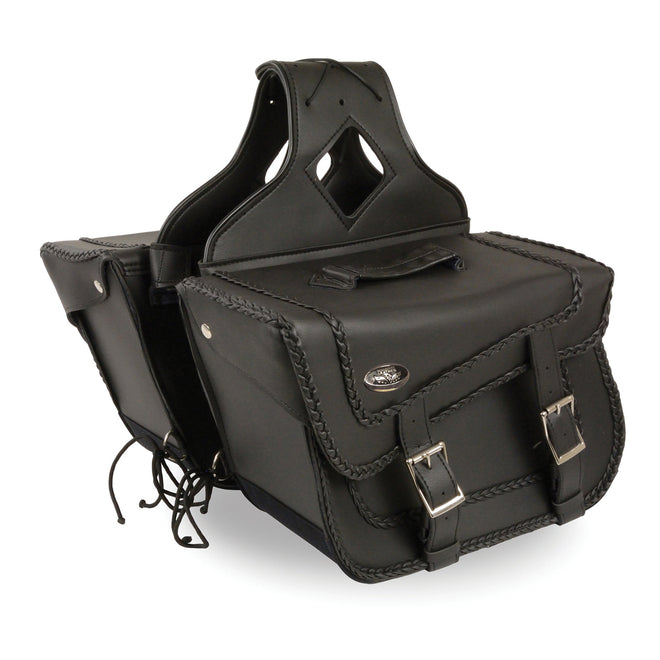 HighwayLeather large braided zip-off PVC saddle bag with textile motorcycle gloves, showing the bag's size and braided design.