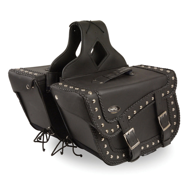 HighwayLeather large braided PVC saddle bag with studs, zip-off design, measuring 16x10x6x22 inches, for motorcycle use.