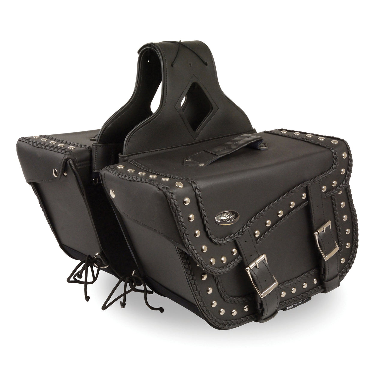 Large Braided Zip-Off PVC Throw Over Saddle Bag w/ Studs (16X10X6X22) - HighwayLeather