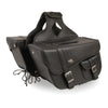 HighwayLeather large braided zip-off PVC motorcycle saddle bag with bonus pocket, shown on bike with textured textile motorcycle gloves.