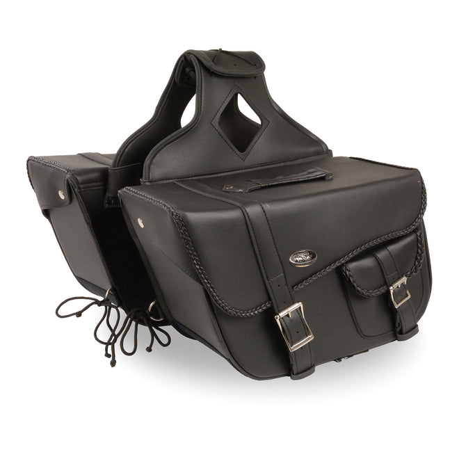 HighwayLeather large braided zip-off PVC motorcycle saddle bag with bonus pocket, shown on bike with textured textile motorcycle gloves.