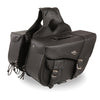 HighwayLeather large braided zip-off PVC saddle bag with bonus pocket mounted on motorcycle, 16x10x6x22 inches, durable textile construction.
