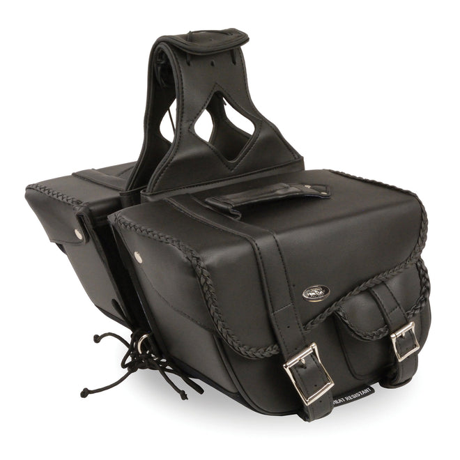 HighwayLeather medium braided PVC saddle bag with zip-off feature and bonus pocket, designed for motorcycle riding storage.