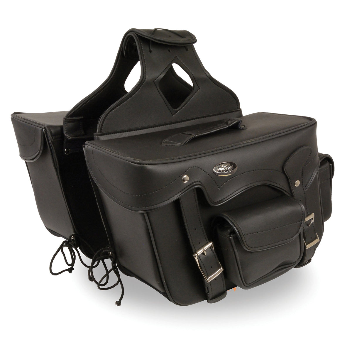 Dynamicleather biker bag with double front pockets, PVC material, reflective piping, 16x11x6 inches for motorcycle riding.