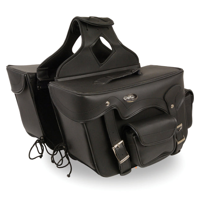 Dynamicleather biker bag with double front pockets, PVC material, reflective piping, 16x11x6 inches for motorcycle riding.