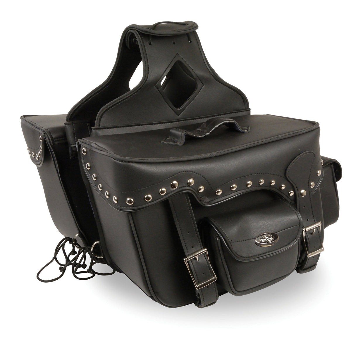 HighwayLeather double front pocket studded PVC throw over saddle bag with reflective piping attached to a motorcycle.