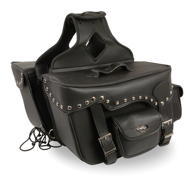 HighwayLeather double front pocket studded PVC throw over saddle bag with reflective piping attached to a motorcycle.