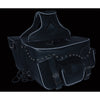 Dynamicleather biker bag with double front pockets, studded PVC material, reflective piping, and throw-over design.