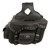 Dynamicleather biker bag with double front pockets, studded PVC material, reflective piping, and saddle bag design for motorcycle riding.