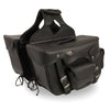 Dynamicleather biker saddle bag with double front pockets, PVC material, reflective piping, 12x9x6 inches, mounted on a motorcycle seat