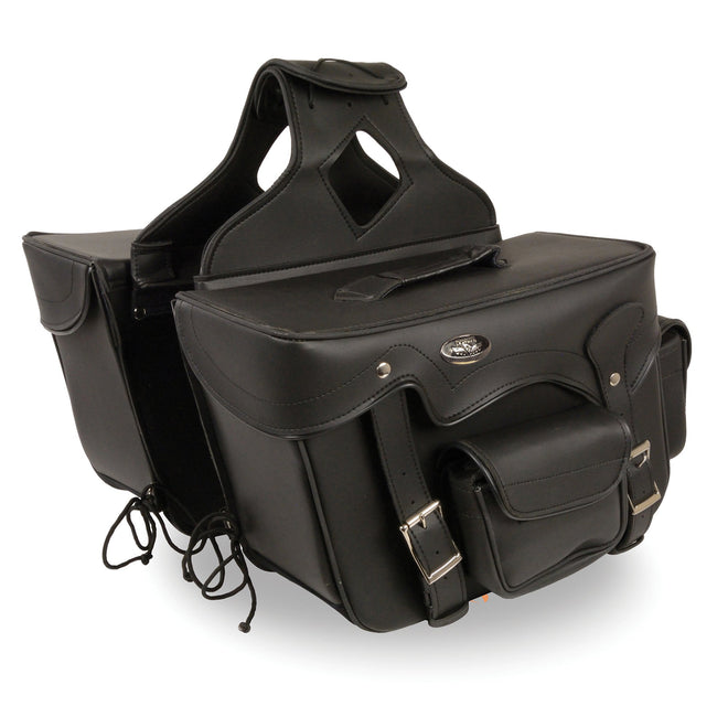 Dynamicleather biker saddle bag with double front pockets, PVC material, reflective piping, 12x9x6 inches, mounted on a motorcycle seat