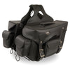 Dynamicleather biker bag with double front pockets, PVC material, reflective piping, measuring 12x9x6 inches, for motorcycle storage.