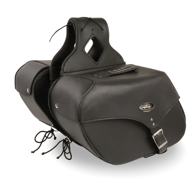 HighwayLeather large zip-off single strap PVC motorcycle saddle bag with multiple compartments, designed for durability and easy access.