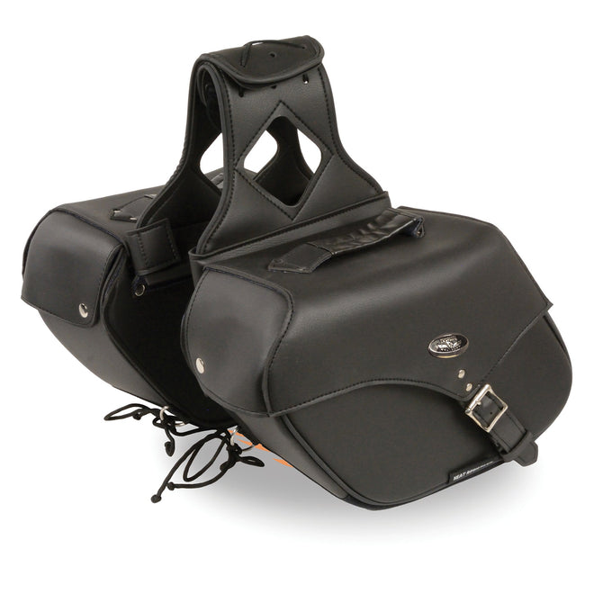 HighwayLeather medium zip-off PVC motorcycle saddle bag with single strap, 12x9x6x17.5 inches, shown with textile motorcycle gloves.