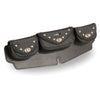 Large studded triple pocket windshield mount bag with turn clasps, HighwayLeather CLIP/THIGH/FAN/BAGS, 22x6x3 inches, black leather.