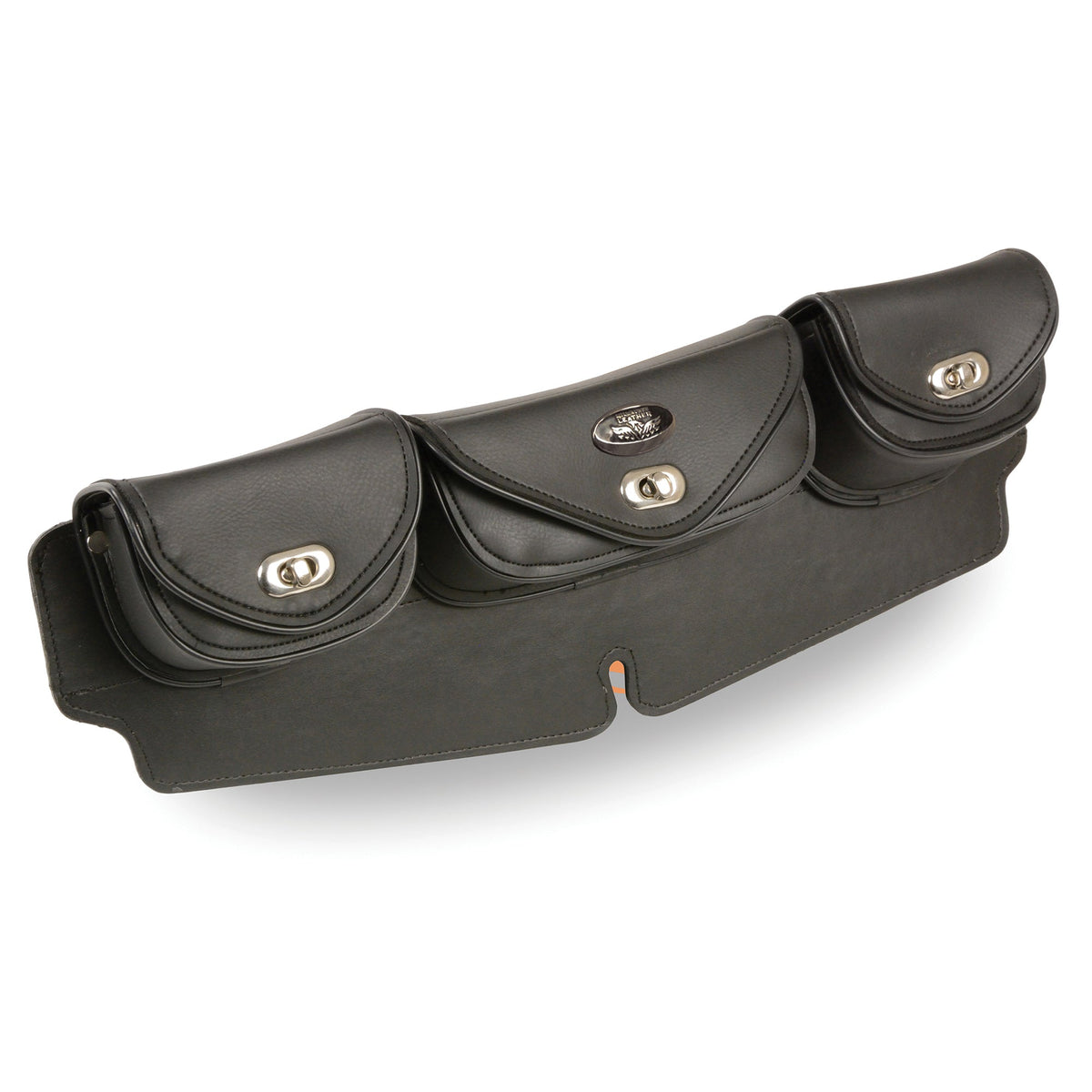 HighwayLeather large triple pocket windshield mount bag with turn clasps, black leather, 22x6x3 inches, designed for clip, thigh, and fan bags