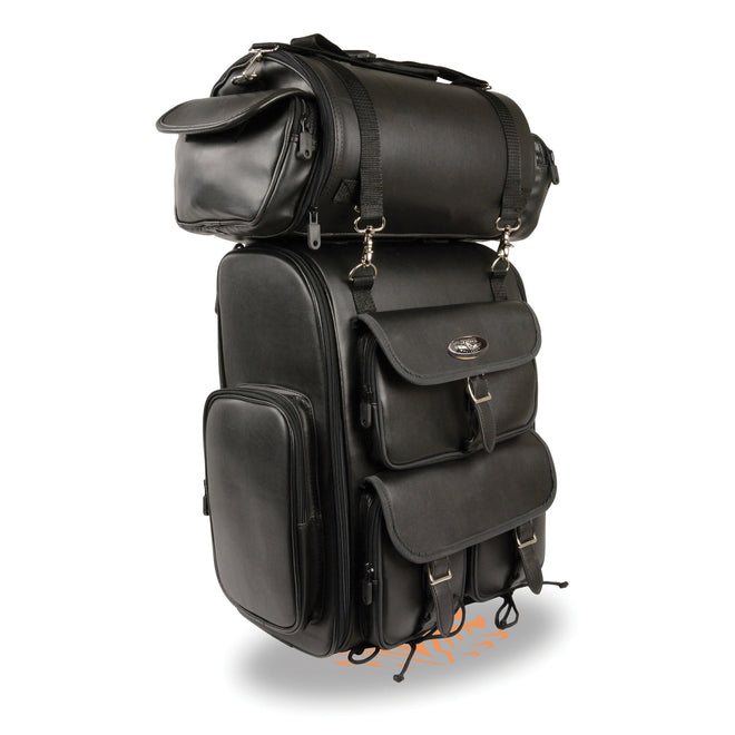 Extra large two-piece PVC touring biker bag with reflective piping by HighwayLeather, measuring 14x17x7 inches.