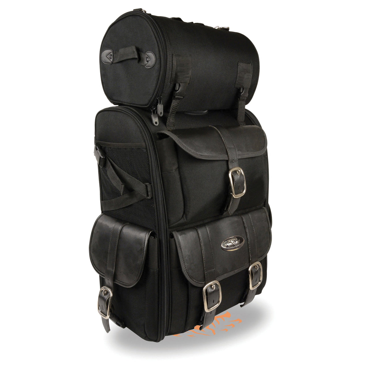 Extra large two-piece nylon touring biker bag by HighwayLeather with 15x21x10 dimensions, designed for motorcycle travel storage.