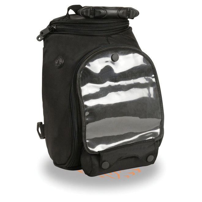 Large nylon magnetic tank bag with double access zippers by HighwayLeather, designed for motorcycle riders, measures 9.5x7x13 inches.