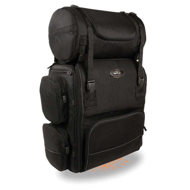 Large two-piece nylon biker bag with reflective piping, featuring a sissy bar bag design by HighwayLeather, measuring 14.5x18x10 inches.