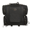 Medium nylon touring sissy bar bag with reflective piping from Dynamicleather, measuring 17x17x12 inches, designed for motorcycle travel.