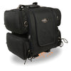 Medium nylon touring sissy bar bag with reflective piping by Dynamicleather, showing the 17x17x12 inch biker bag on a motorcycle.