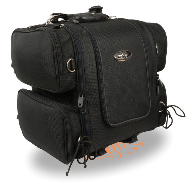 Medium nylon touring sissy bar bag with reflective piping by Dynamicleather, showing the 17x17x12 inch biker bag on a motorcycle.