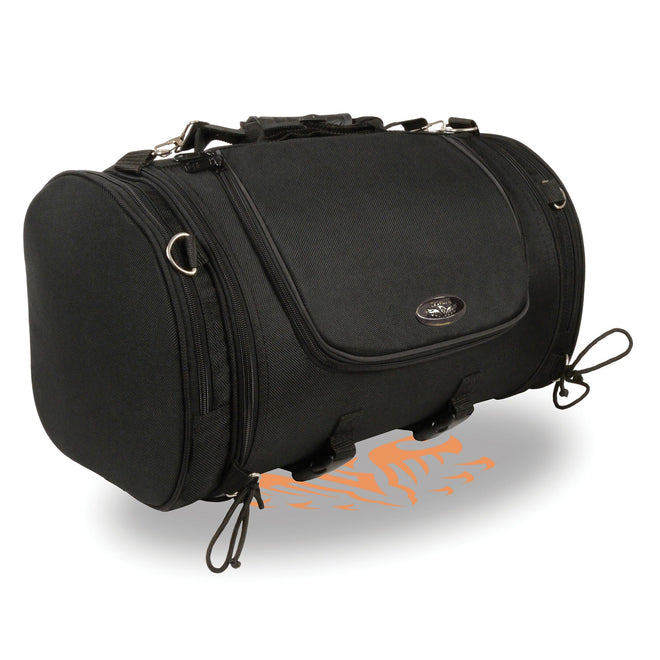 Large nylon duffle style sissy bar bag with carry strap for bikers, featuring spacious storage and durable construction by HighwayLeather.