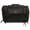 HighwayLeather medium nylon sissy bar carry bag with reflective piping on a motorcycle, measuring 16x11.5x10 inches, for bikers.