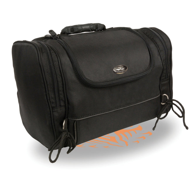 Medium nylon sissy bar carry bag with reflective piping, designed for motorcycle bikers, by HighwayLeather, measuring 16x11.5x10 inches.