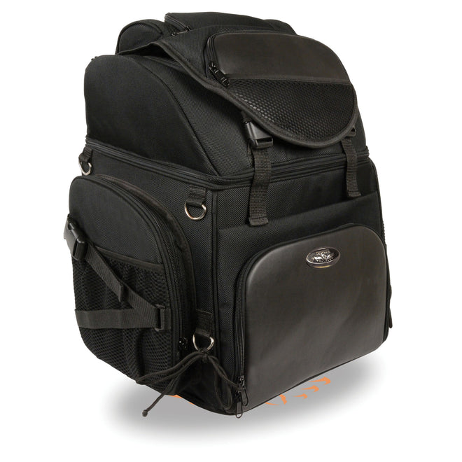 Large nylon biker sissy bar bag with backpack straps from HighwayLeather, measuring 20x14x11 inches, designed for motorcycle storage.
