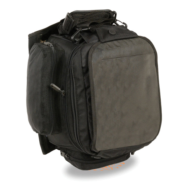 Extra large nylon magnetic tank bag with backpack straps, designed for bikers, by HighwayLeather, measuring 9x9x16 inches.