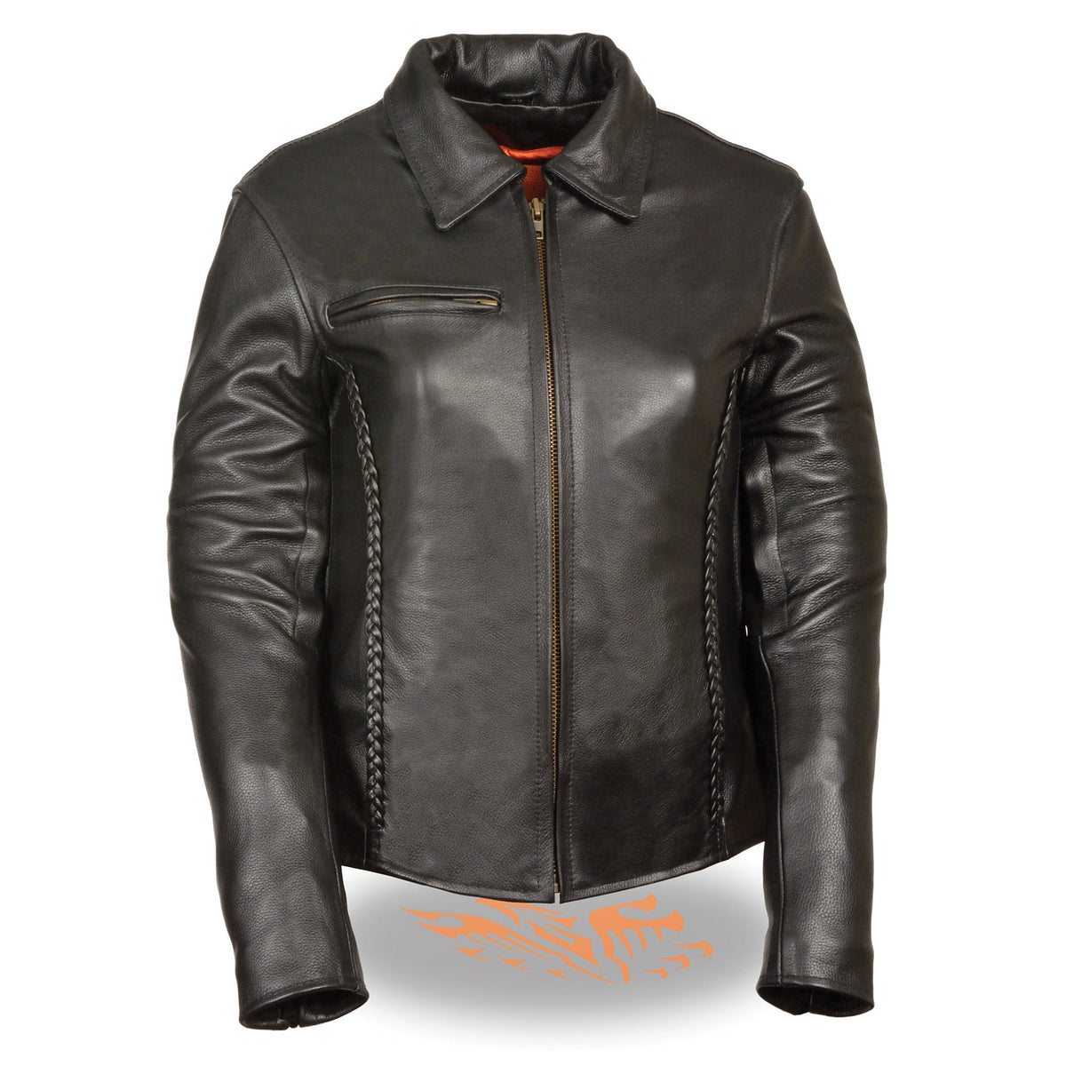 Women’s braided leather jacket with shirt collar by HighwayLeather, stylish women’s jacket featuring detailed braiding and classic collar.