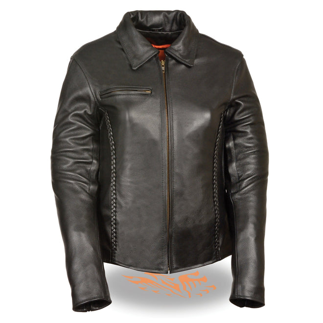 Women’s braided leather jacket with shirt collar by HighwayLeather, stylish women’s jacket featuring detailed braiding and classic collar.