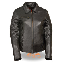 Ladies Braided Leather Jacket w/ Shirt Collar - HighwayLeather