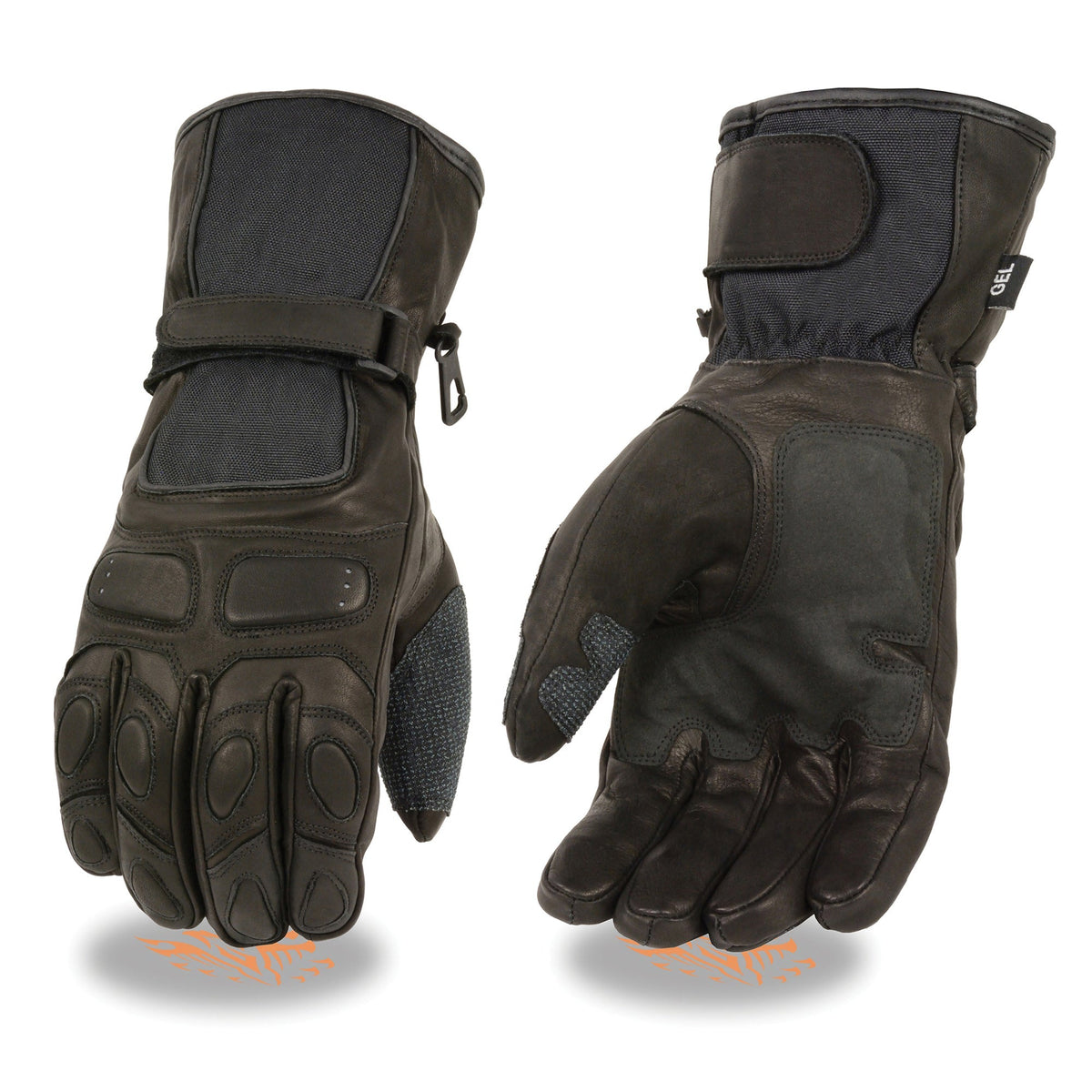 Men's waterproof leather and textile gauntlet gloves with gel palm from HighwayLeather, showing the durable protective design.