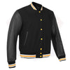 Buffalo Leather Gear men's yellow leather varsity jacket with banded collar and letterman style design.